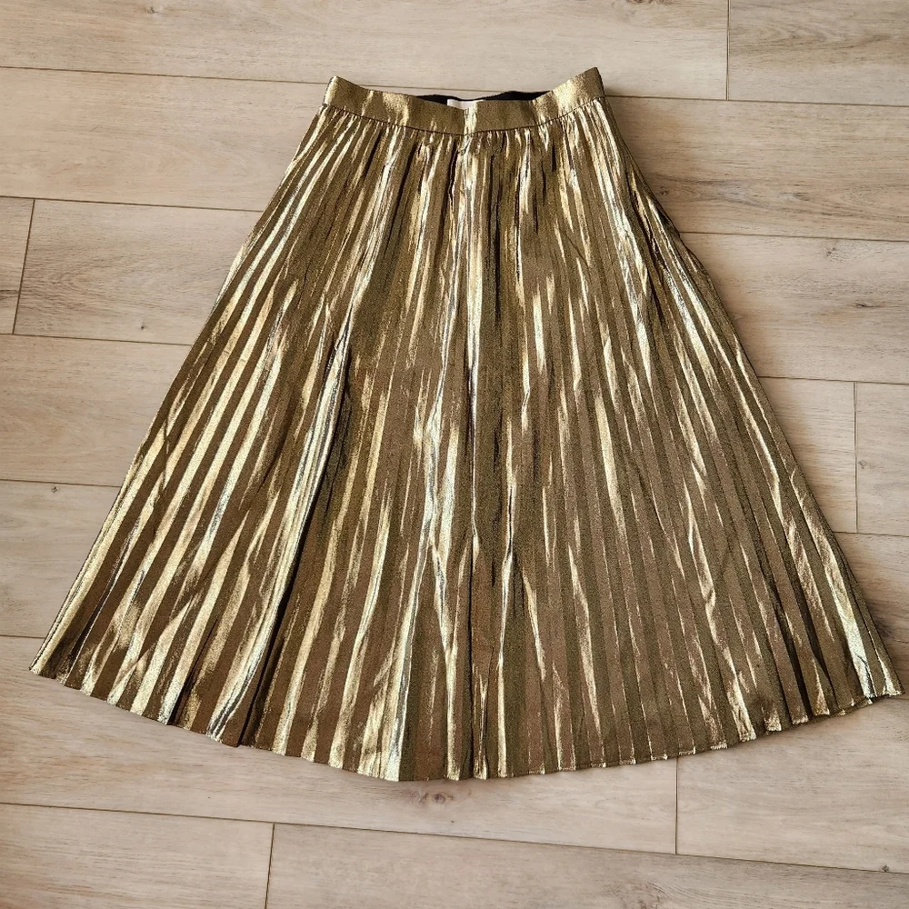 J Crew Collection Metallic Pleated Midi Skirt Womens Size 8 A-line Gold Black
